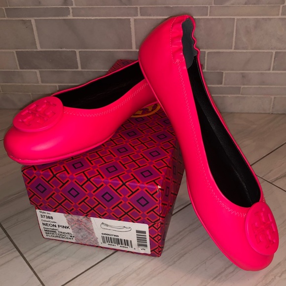 Tory Burch Shoes - Tory Burch Neon Pink Leather Minnie Travel Ballet